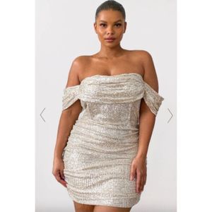 PrettyLittleThing Plus Cream/nude Sequin Bardot Off Shoulder Bodycon Dress Sz 20